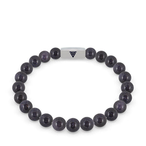 Front view of an 8mm Blue Goldstone beaded stretch bracelet with silver stainless steel logo bead made by Voltlin
