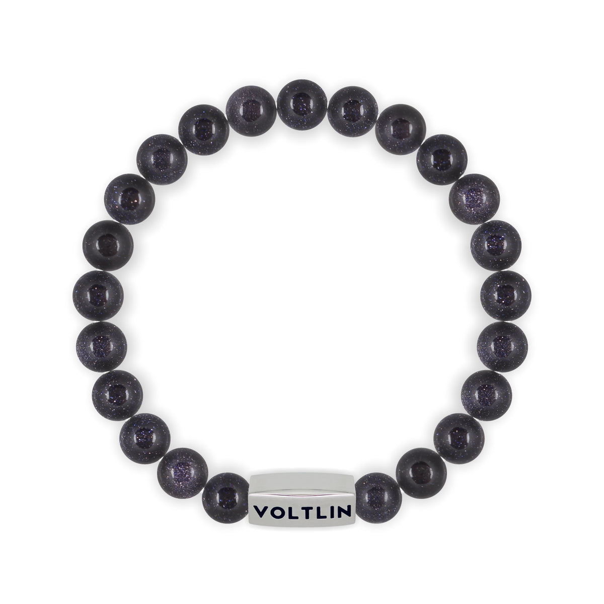 Top view of an 8mm Blue Goldstone beaded stretch bracelet with silver stainless steel logo bead made by Voltlin
