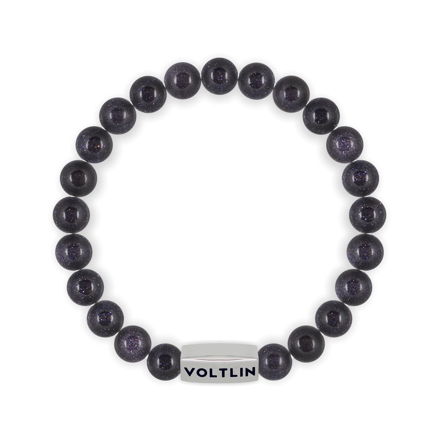 Top view of an 8mm Blue Goldstone beaded stretch bracelet with silver stainless steel logo bead made by Voltlin