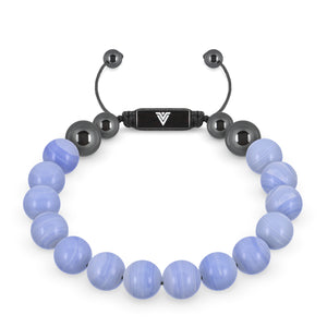 Front view of a 10mm Blue Lace Agate crystal beaded shamballa bracelet with black stainless steel logo bead made by Voltlin