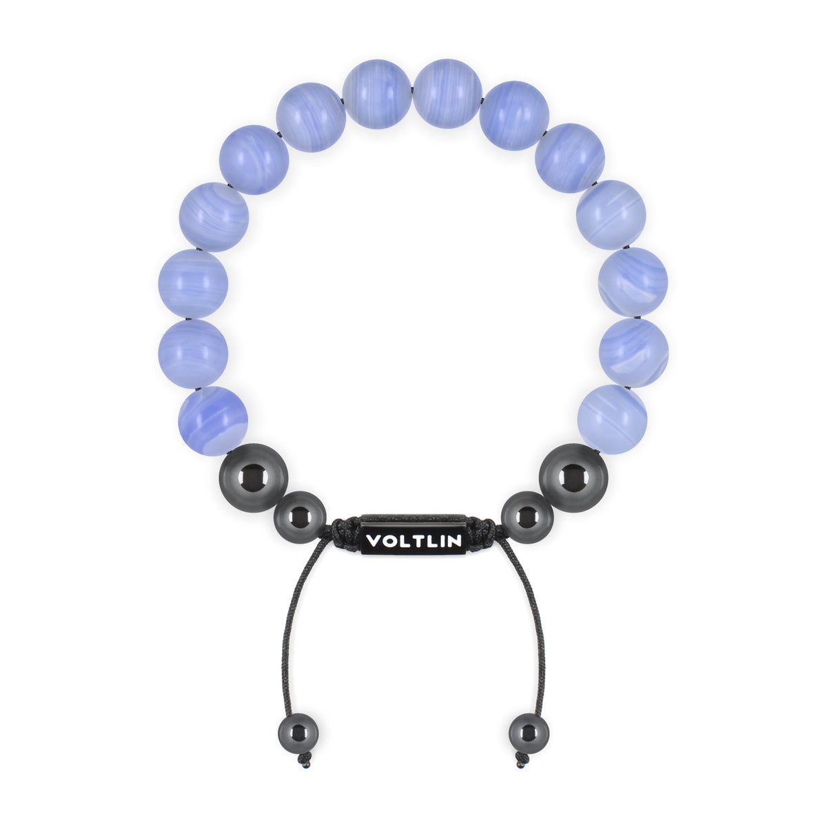 Top view of a 10mm Blue Lace Agate crystal beaded shamballa bracelet with black stainless steel logo bead made by Voltlin