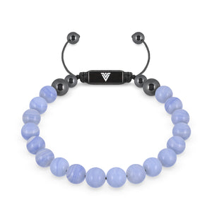 Front view of an 8mm Blue Lace Agate crystal beaded shamballa bracelet with black stainless steel logo bead made by Voltlin
