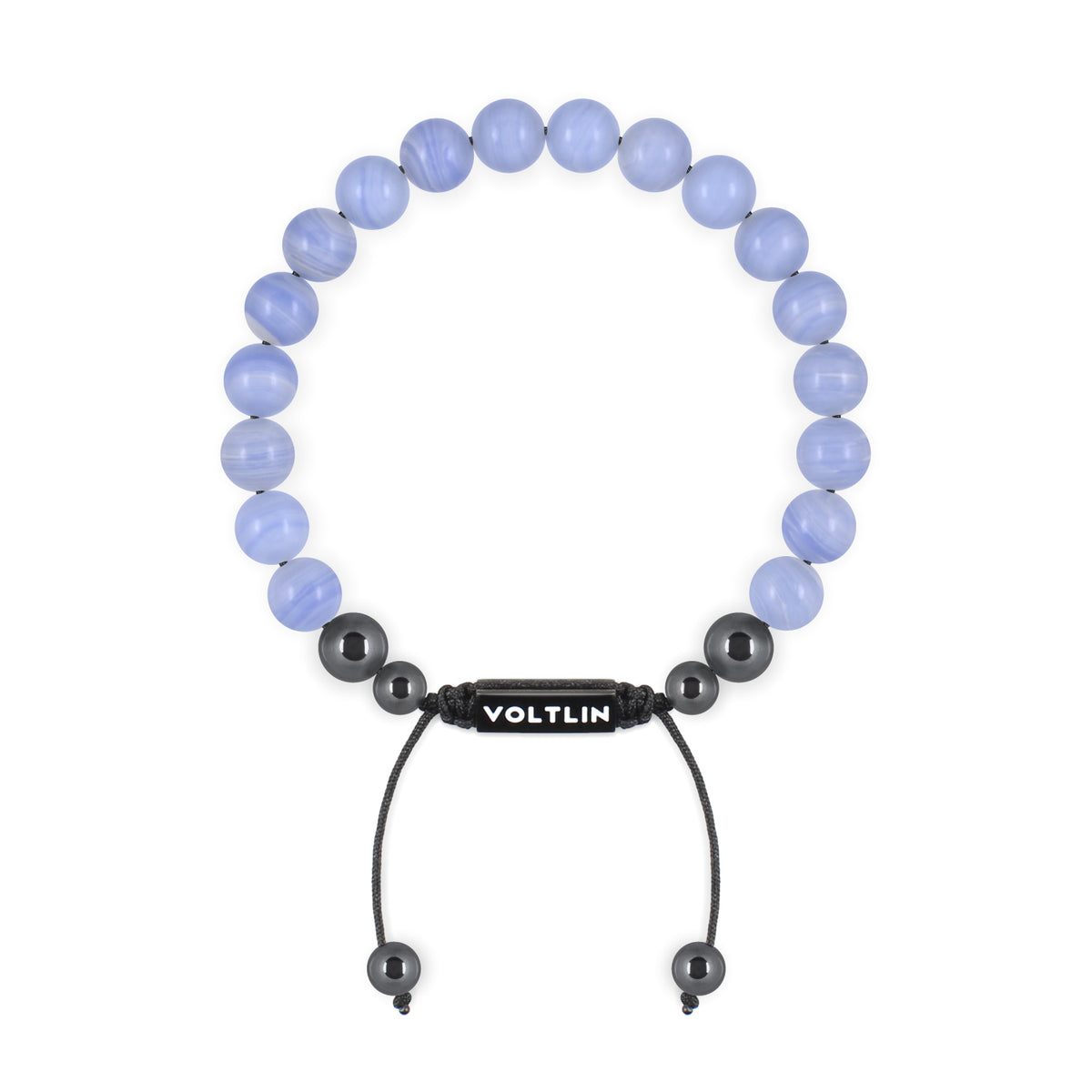 Top view of an 8mm Blue Lace Agate crystal beaded shamballa bracelet with black stainless steel logo bead made by Voltlin