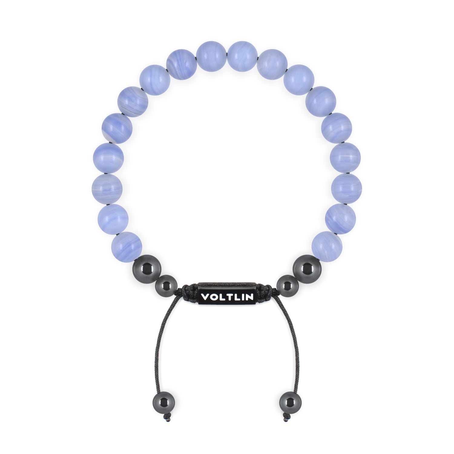 Top view of an 8mm Blue Lace Agate crystal beaded shamballa bracelet with black stainless steel logo bead made by Voltlin