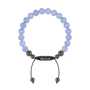 Top view of an 8mm Blue Lace Agate crystal beaded shamballa bracelet with black stainless steel logo bead made by Voltlin