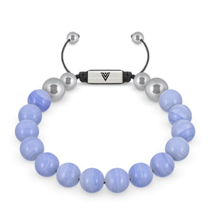 Front view of a 10mm Blue Lace Agate beaded shamballa bracelet with silver stainless steel logo bead made by Voltlin