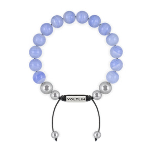 Top view of a 10mm Blue Lace Agate beaded shamballa bracelet with silver stainless steel logo bead made by Voltlin