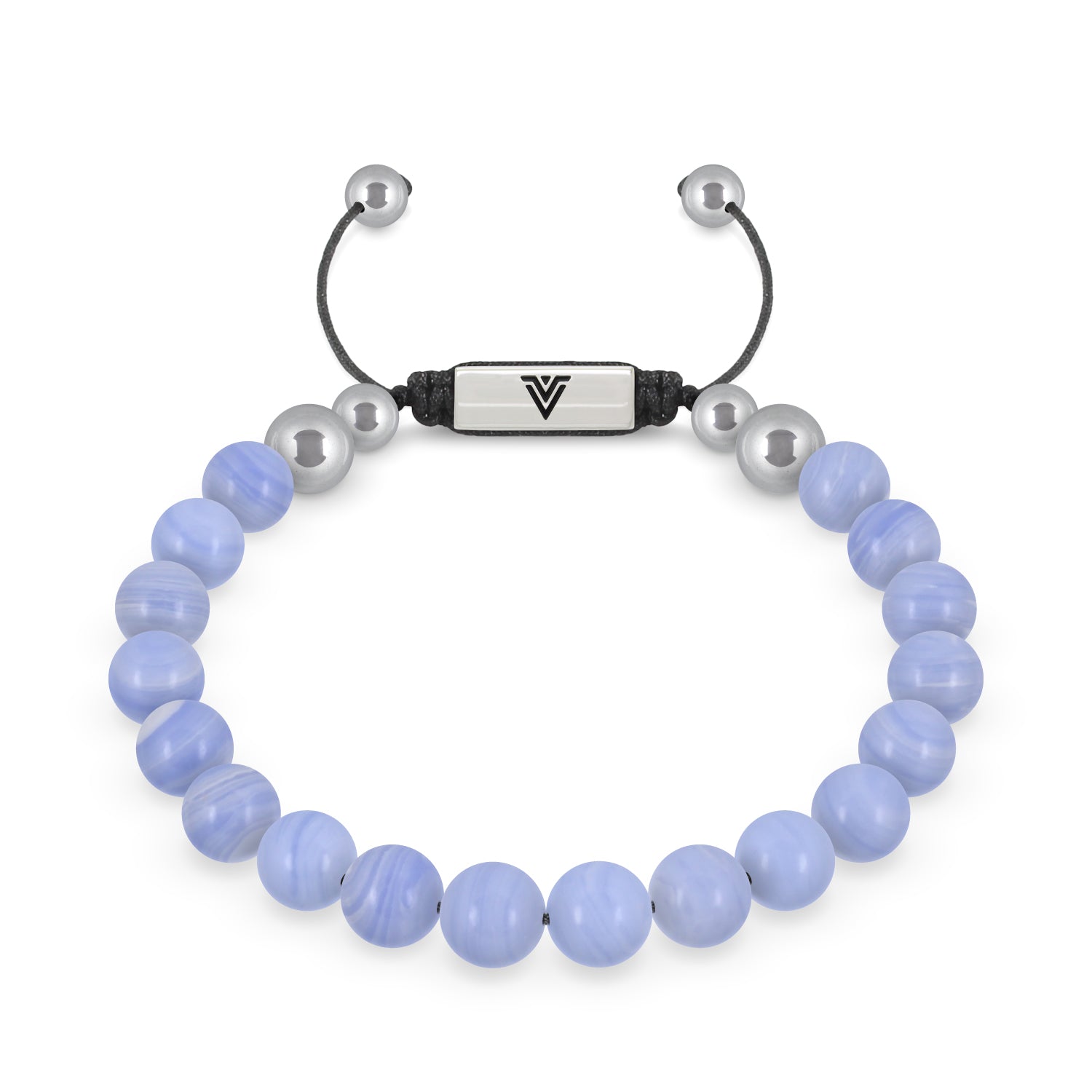 Front view of an 8mm Blue Lace Agate beaded shamballa bracelet with silver stainless steel logo bead made by Voltlin