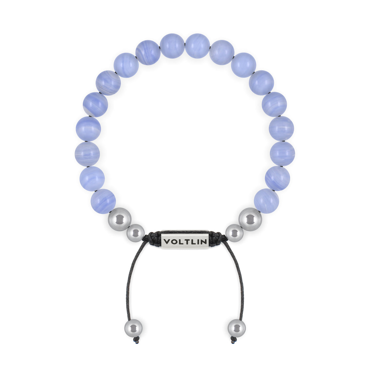 Top view of an 8mm Blue Lace Agate beaded shamballa bracelet with silver stainless steel logo bead made by Voltlin
