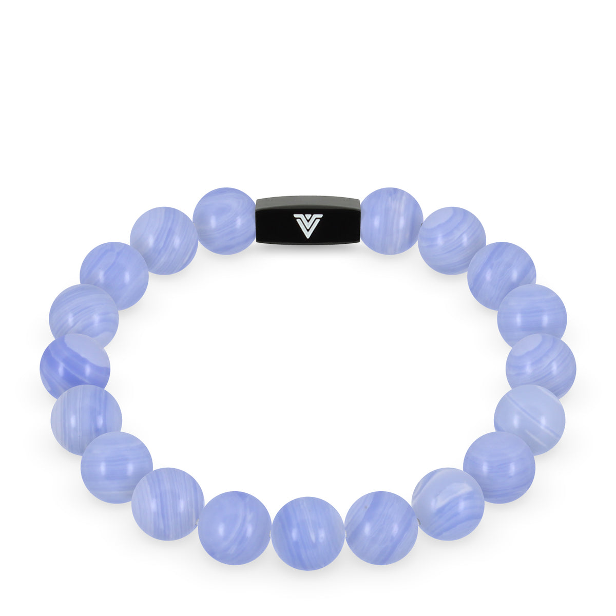 Front view of a 10mm Blue Lace Agate crystal beaded stretch bracelet with black stainless steel logo bead made by Voltlin