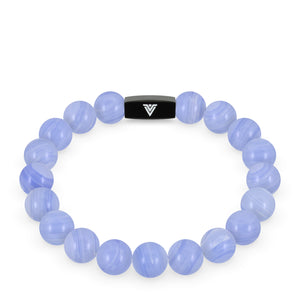 Front view of a 10mm Blue Lace Agate crystal beaded stretch bracelet with black stainless steel logo bead made by Voltlin
