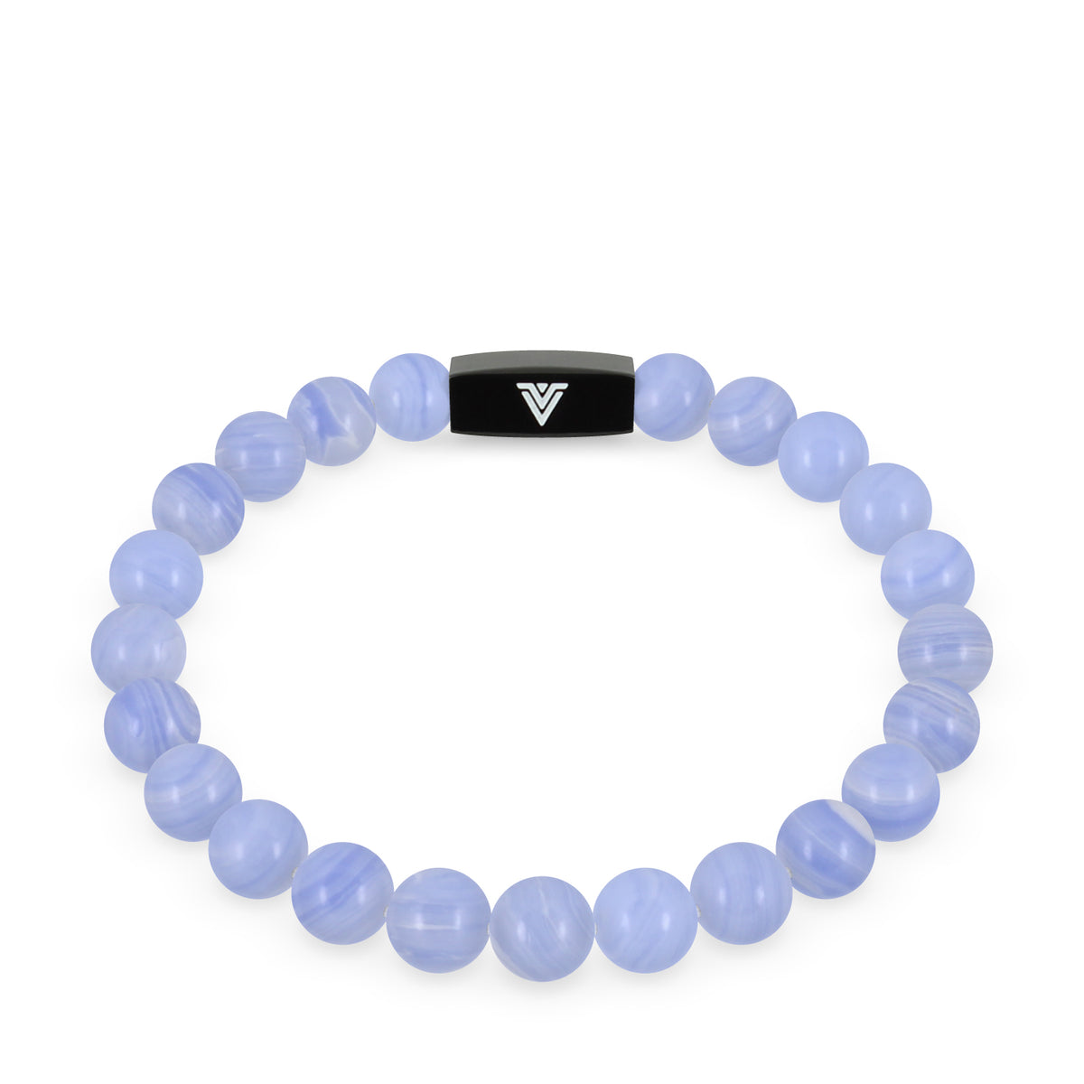 Front view of an 8mm Blue Lace Agate crystal beaded stretch bracelet with black stainless steel logo bead made by Voltlin