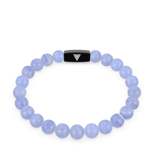 Front view of an 8mm Blue Lace Agate crystal beaded stretch bracelet with black stainless steel logo bead made by Voltlin