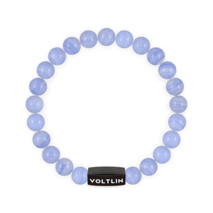 Top view of an 8mm Blue Lace Agate crystal beaded stretch bracelet with black stainless steel logo bead made by Voltlin