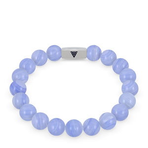 Front view of a 10mm Blue Lace Agate beaded stretch bracelet with silver stainless steel logo bead made by Voltlin