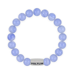 Top view of a 10mm Blue Lace Agate beaded stretch bracelet with silver stainless steel logo bead made by Voltlin