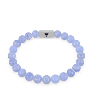 Front view of an 8mm Blue Lace Agate beaded stretch bracelet with silver stainless steel logo bead made by Voltlin