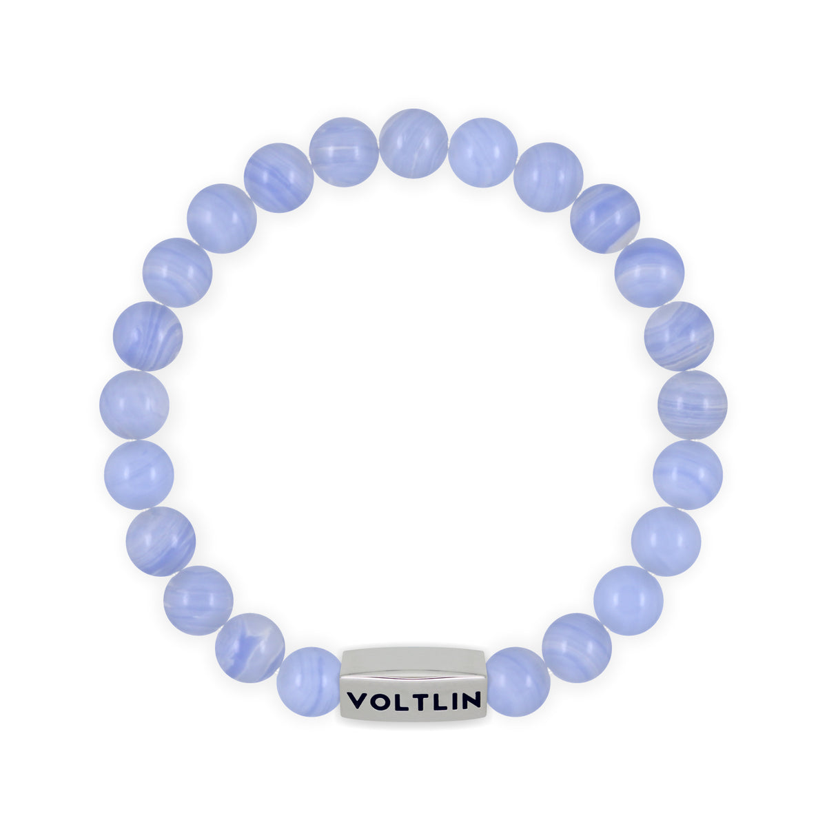 Top view of an 8mm Blue Lace Agate beaded stretch bracelet with silver stainless steel logo bead made by Voltlin