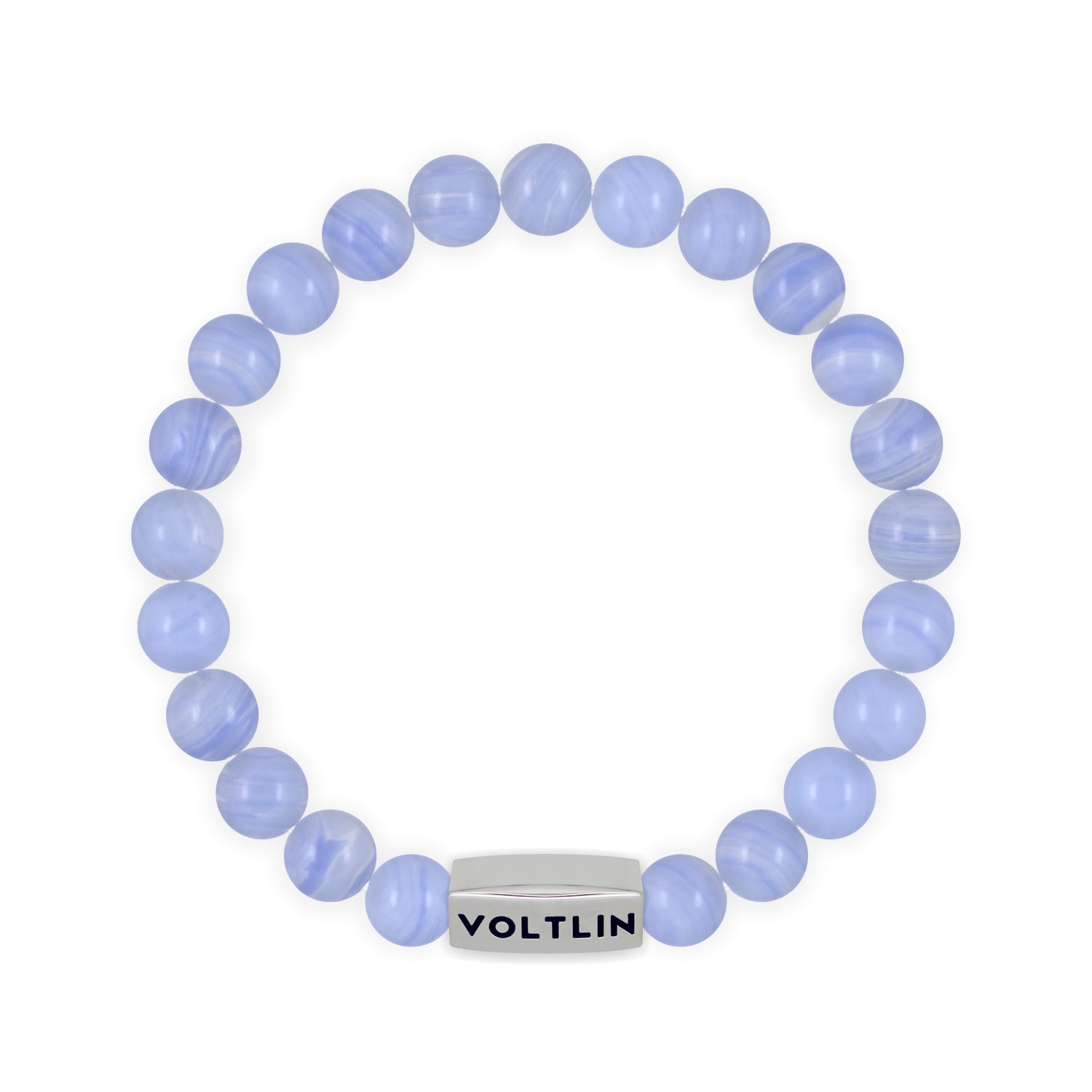 Front view of an 8mm Blue Lace Agate beaded stretch bracelet with silver stainless steel logo bead made by Voltlin