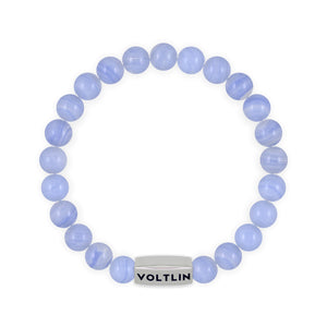 Top view of an 8mm Blue Lace Agate beaded stretch bracelet with silver stainless steel logo bead made by Voltlin