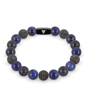 Front view of a 10 mm Blue Sirius beaded stretch bracelet featuring Blue Tiger’s Eye, Black Pave, Lapis Lazuli, & Blue Goldstone crystal and black stainless steel logo bead made by Voltlin