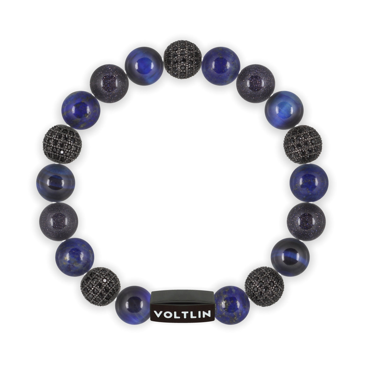 Top view of a 10 mm Blue Sirius beaded stretch bracelet featuring Blue Tiger’s Eye, Black Pave, Lapis Lazuli, & Blue Goldstone crystal and black stainless steel logo bead made by Voltlin