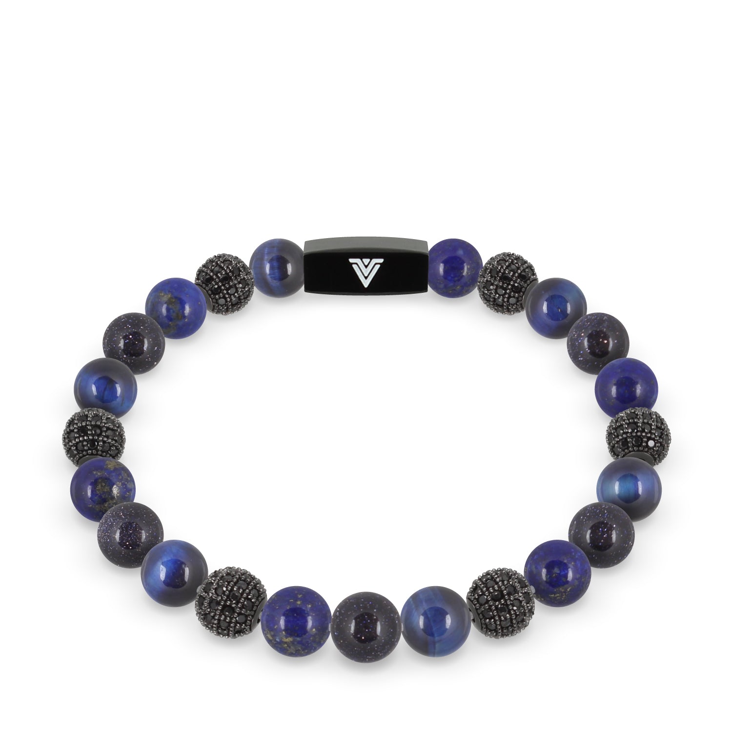 Front view of an 8mm Blue Sirius beaded stretch bracelet featuring Blue Tiger’s Eye, Black Pave, Lapis Lazuli, & Blue Goldstone crystal and black stainless steel logo bead made by Voltlin