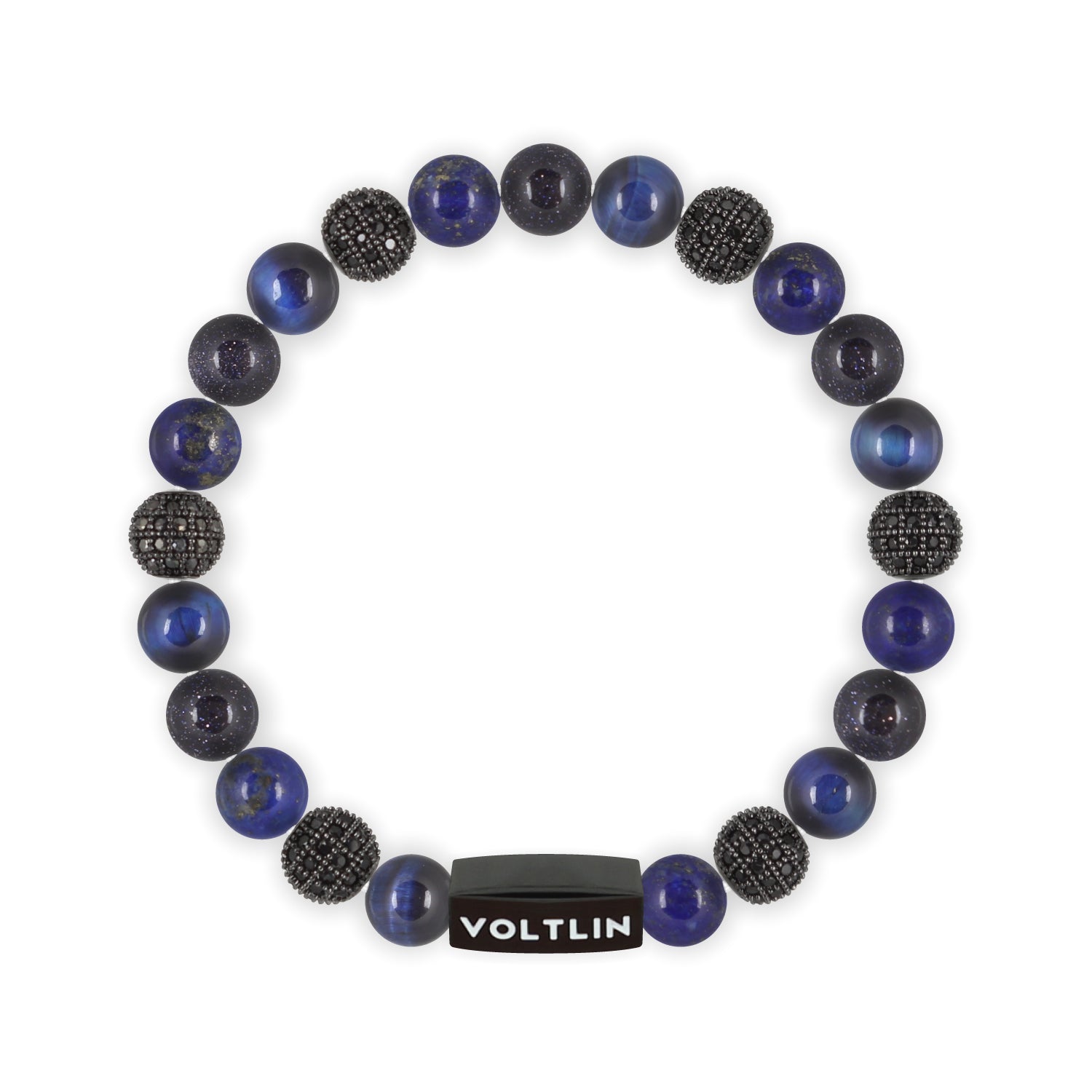 Front view of an 8mm Blue Sirius beaded stretch bracelet featuring Blue Tiger’s Eye, Black Pave, Lapis Lazuli, & Blue Goldstone crystal and black stainless steel logo bead made by Voltlin