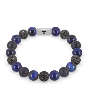 Front view of a 10mm Blue Sirius beaded stretch bracelet featuring Blue Tiger’s Eye, Black Pave, Lapis Lazuli, & Blue Goldstone crystal and silver stainless steel logo bead made by Voltlin
