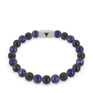 Front view of an 8mm Blue Sirius beaded stretch bracelet featuring Blue Tiger’s Eye, Black Pave, Lapis Lazuli, & Blue Goldstone crystal and silver stainless steel logo bead made by Voltlin