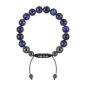 Top view of a 10mm Blue Tigers Eye crystal beaded shamballa bracelet with black stainless steel logo bead made by Voltlin