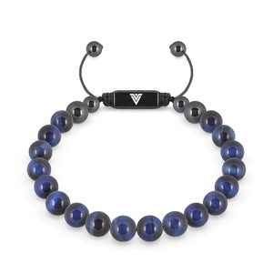 Front view of an 8mm Blue Tigers Eye crystal beaded shamballa bracelet with black stainless steel logo bead made by Voltlin