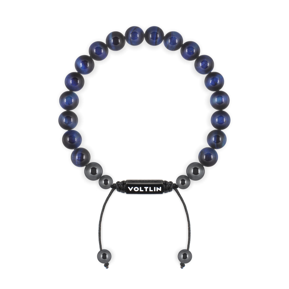 Top view of an 8mm Blue Tigers Eye crystal beaded shamballa bracelet with black stainless steel logo bead made by Voltlin