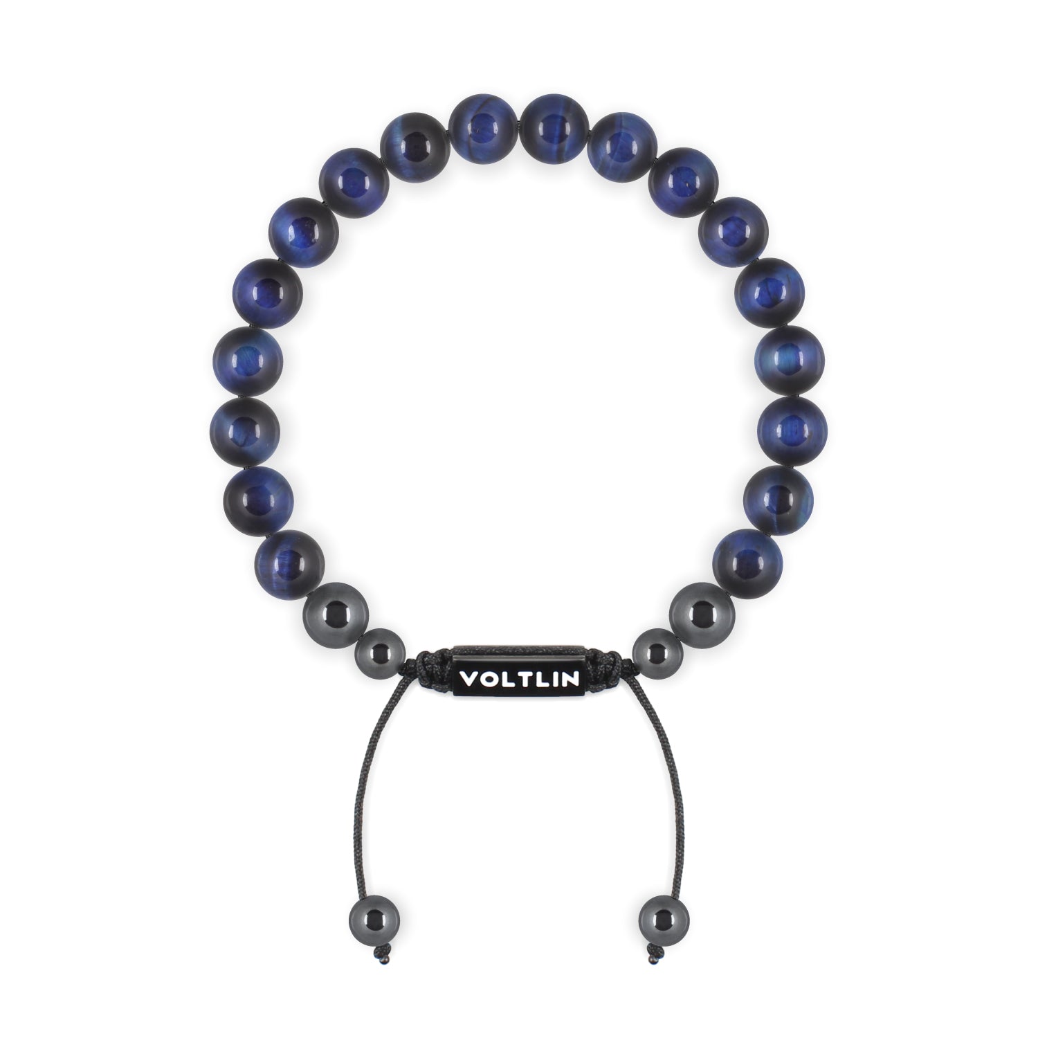 Front view of an 8mm Blue Tigers Eye crystal beaded shamballa bracelet with black stainless steel logo bead made by Voltlin