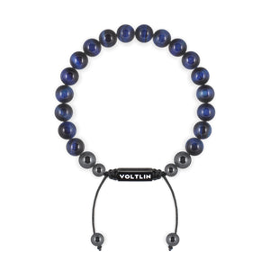 Top view of an 8mm Blue Tigers Eye crystal beaded shamballa bracelet with black stainless steel logo bead made by Voltlin