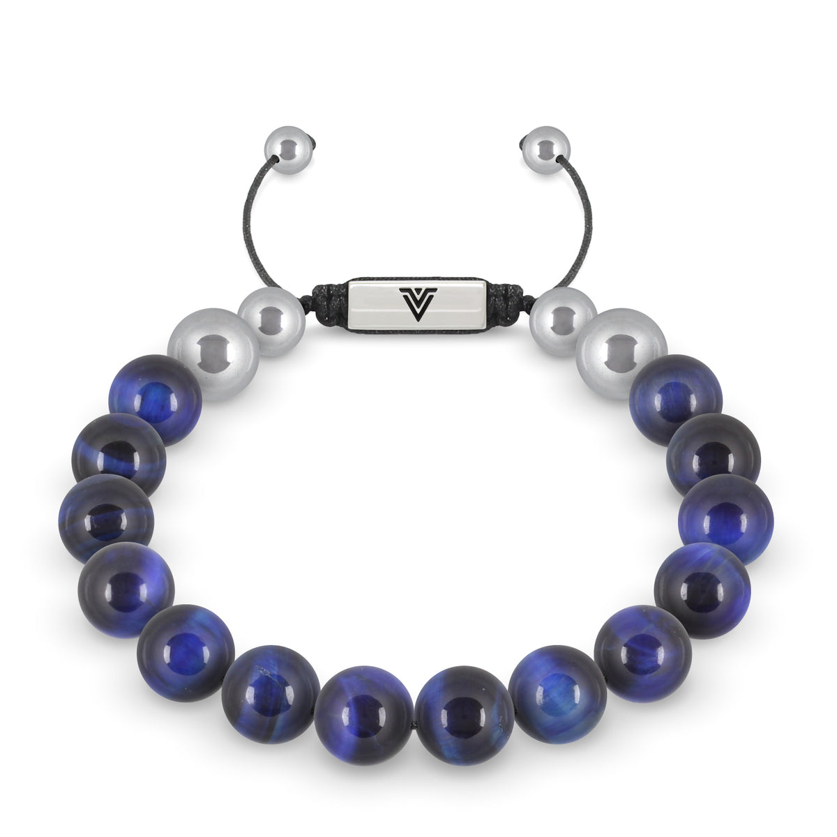 Front view of a 10mm Blue Tiger's Eye beaded shamballa bracelet with silver stainless steel logo bead made by Voltlin