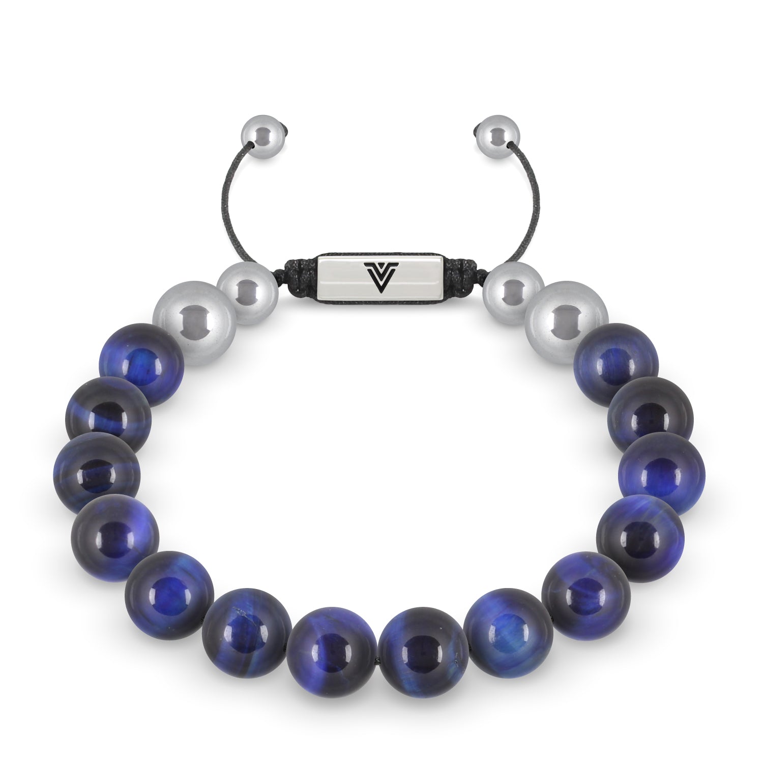 Front view of a 10mm Blue Tiger's Eye beaded shamballa bracelet with silver stainless steel logo bead made by Voltlin