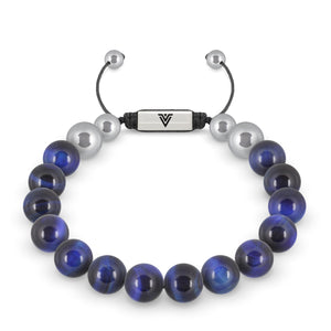 Front view of a 10mm Blue Tiger's Eye beaded shamballa bracelet with silver stainless steel logo bead made by Voltlin