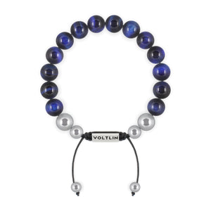 Top view of a 10mm Blue Tiger's Eye beaded shamballa bracelet with silver stainless steel logo bead made by Voltlin