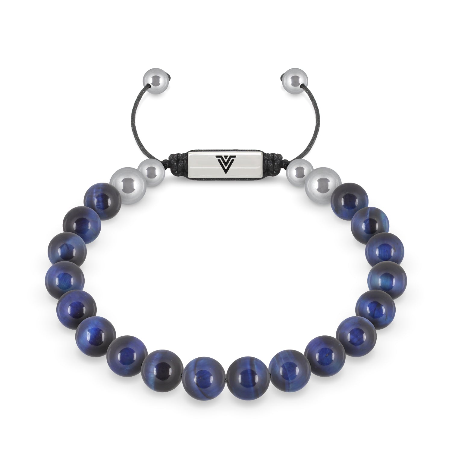 Front view of an 8mm Blue Tiger's Eye beaded shamballa bracelet with silver stainless steel logo bead made by Voltlin