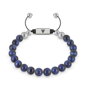 Front view of an 8mm Blue Tiger's Eye beaded shamballa bracelet with silver stainless steel logo bead made by Voltlin