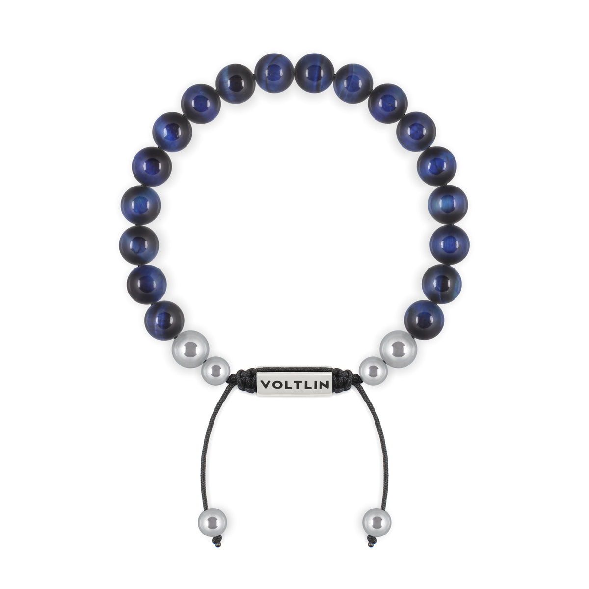 Top view of an 8mm Blue Tiger's Eye beaded shamballa bracelet with silver stainless steel logo bead made by Voltlin