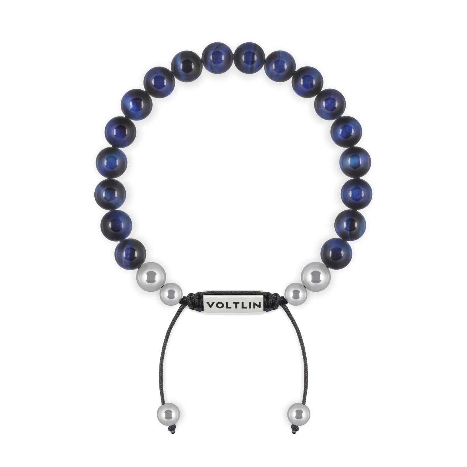 Top view of an 8mm Blue Tiger's Eye beaded shamballa bracelet with silver stainless steel logo bead made by Voltlin