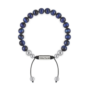 Top view of an 8mm Blue Tiger's Eye beaded shamballa bracelet with silver stainless steel logo bead made by Voltlin