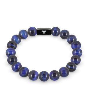 Front view of a 10mm Blue Tigers Eye crystal beaded stretch bracelet with black stainless steel logo bead made by Voltlin