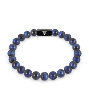 Front view of an 8mm Blue Tigers Eye crystal beaded stretch bracelet with black stainless steel logo bead made by Voltlin