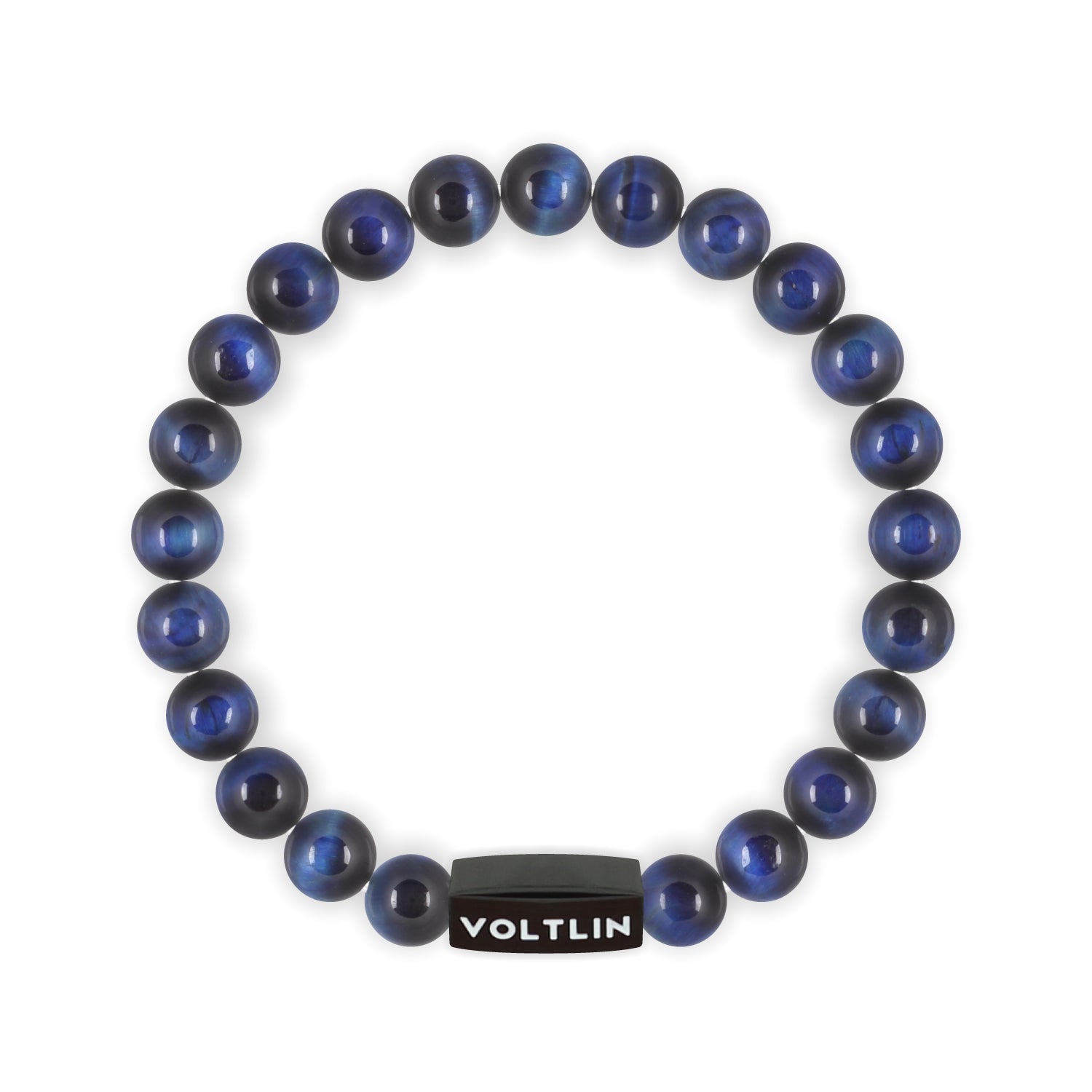 Front view of an 8mm Blue Tigers Eye crystal beaded stretch bracelet with black stainless steel logo bead made by Voltlin