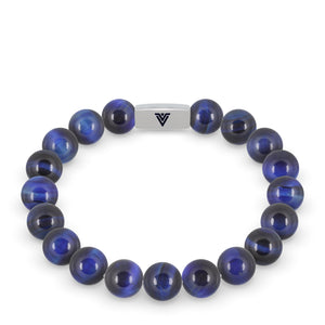 Front view of a 10mm Blue Tigers Eye beaded stretch bracelet with silver stainless steel logo bead made by Voltlin