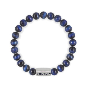 Top view of an 8mm Blue Tigers Eye beaded stretch bracelet with silver stainless steel logo bead made by Voltlin