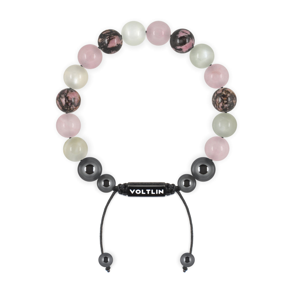 Top view of a 10mm Cancer Zodiac crystal beaded shamballa bracelet with black stainless steel logo bead made by Voltlin